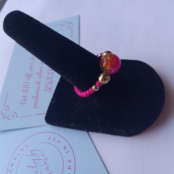 Hand Crafted Pink and Gold Beaded Stretch Ring 6,7,8 - Picture 2 of 5